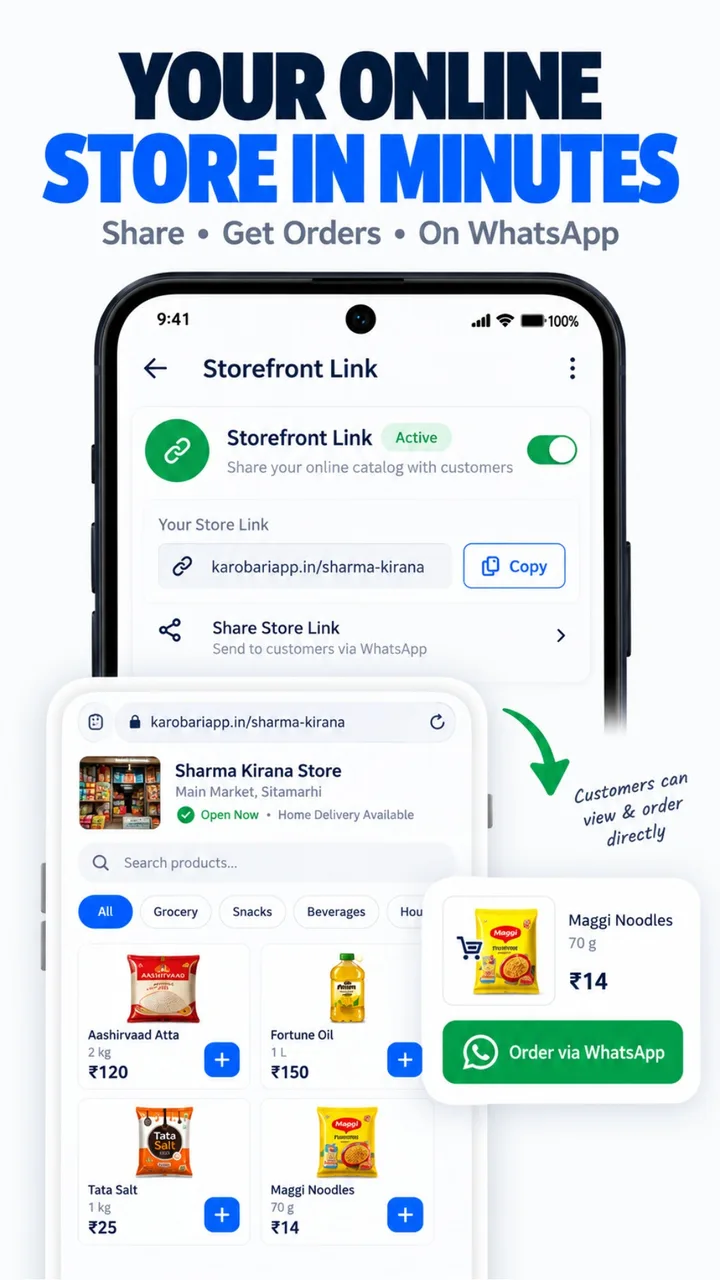 Karobari customer mobile storefront view with 1-tap WhatsApp order dispatch