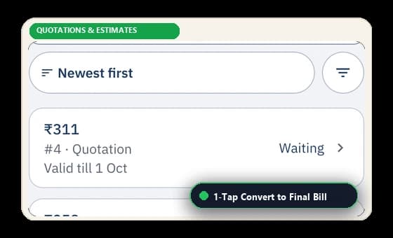 Quotation and estimates interface with 1-tap conversion to active final bill