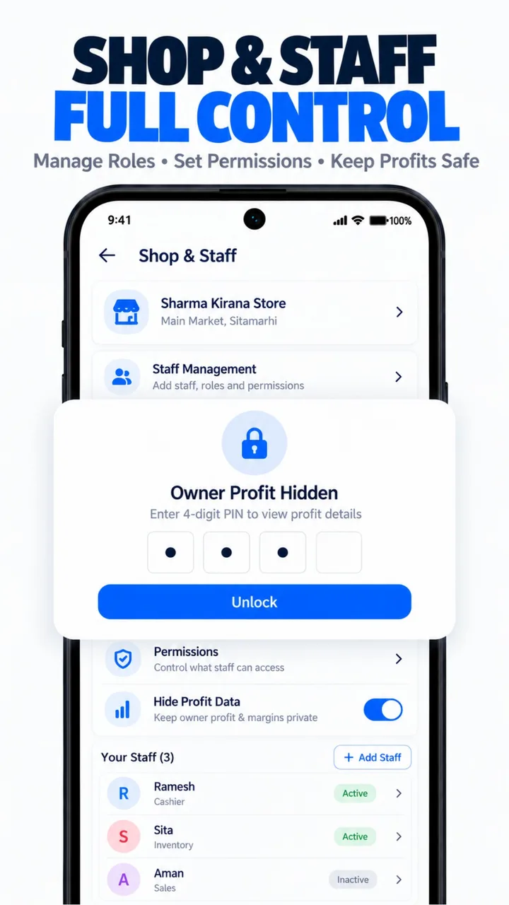 Karobari shop and staff role permissions, owner profit privacy shield, and PIN access control