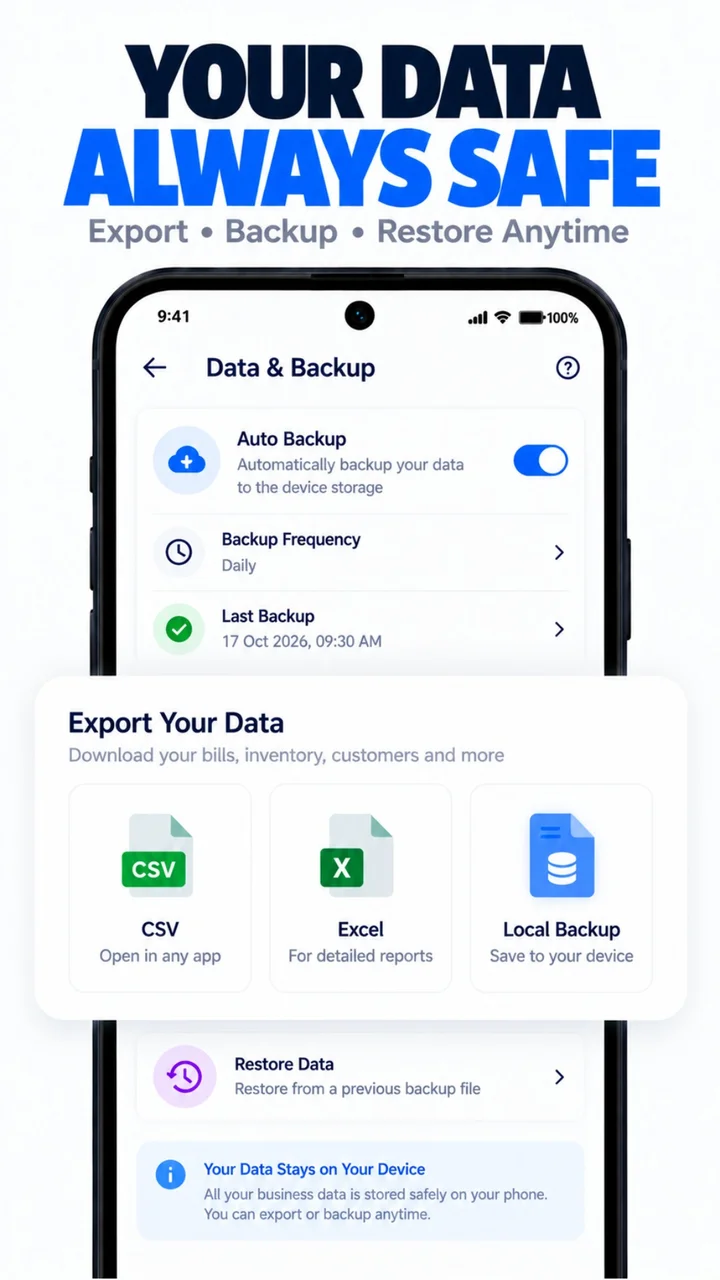 Karobari local backup and data sovereignty: daily auto-backup, restore anytime, and 1-tap Excel or CSV data export