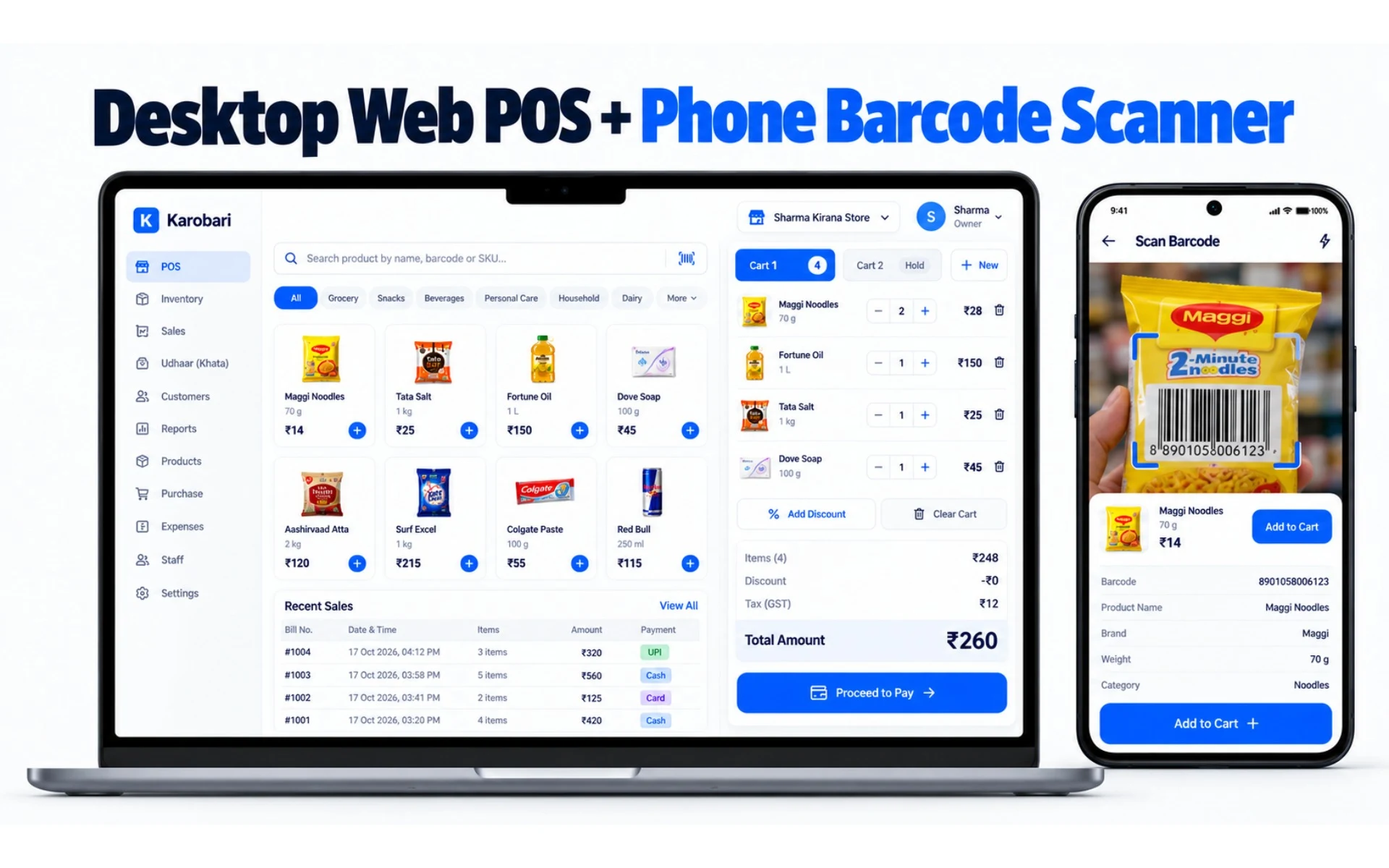Karobari free billing software web till running on PC laptop with smartphone camera barcode scanner