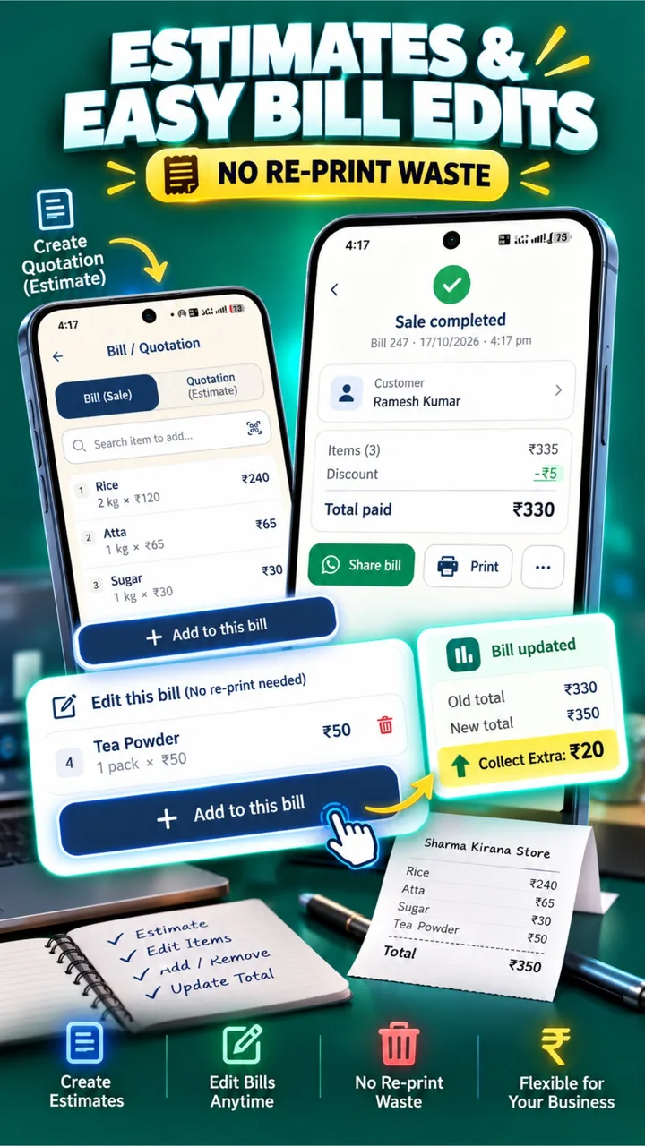 Karobari estimate and quotations screen with 1-tap conversion to bill and easy edits
