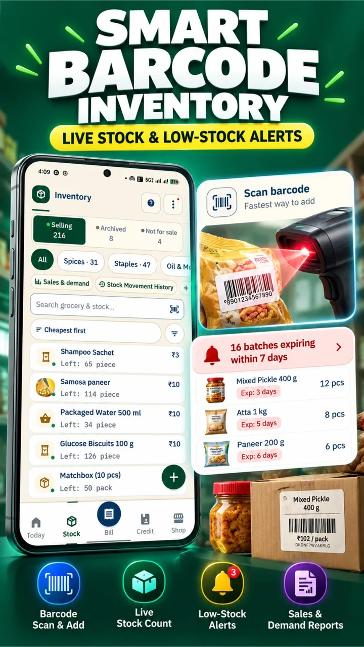 Karobari smart barcode inventory management screen with live stock counts and low-stock alerts