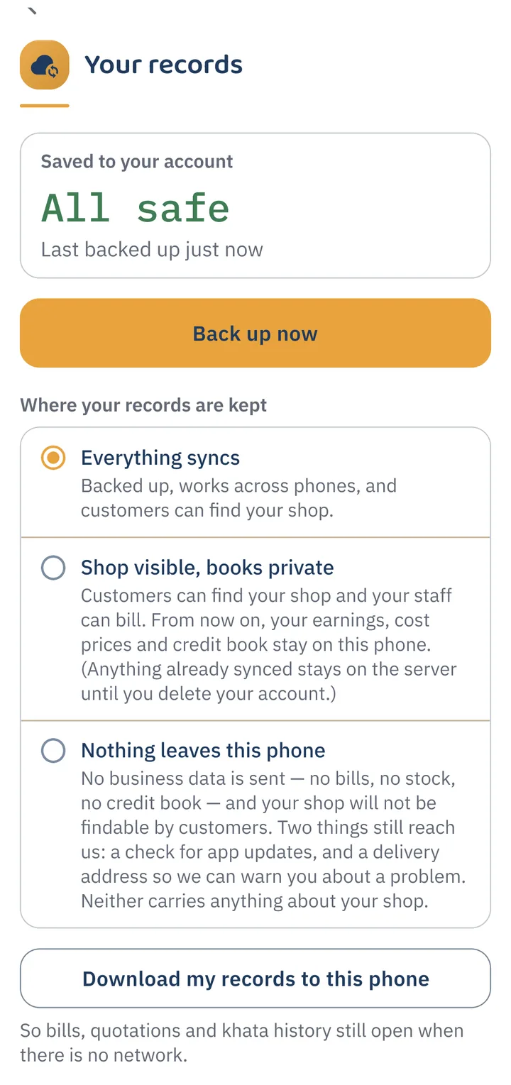 Your records backup screen showing All safe status and 15 items synced