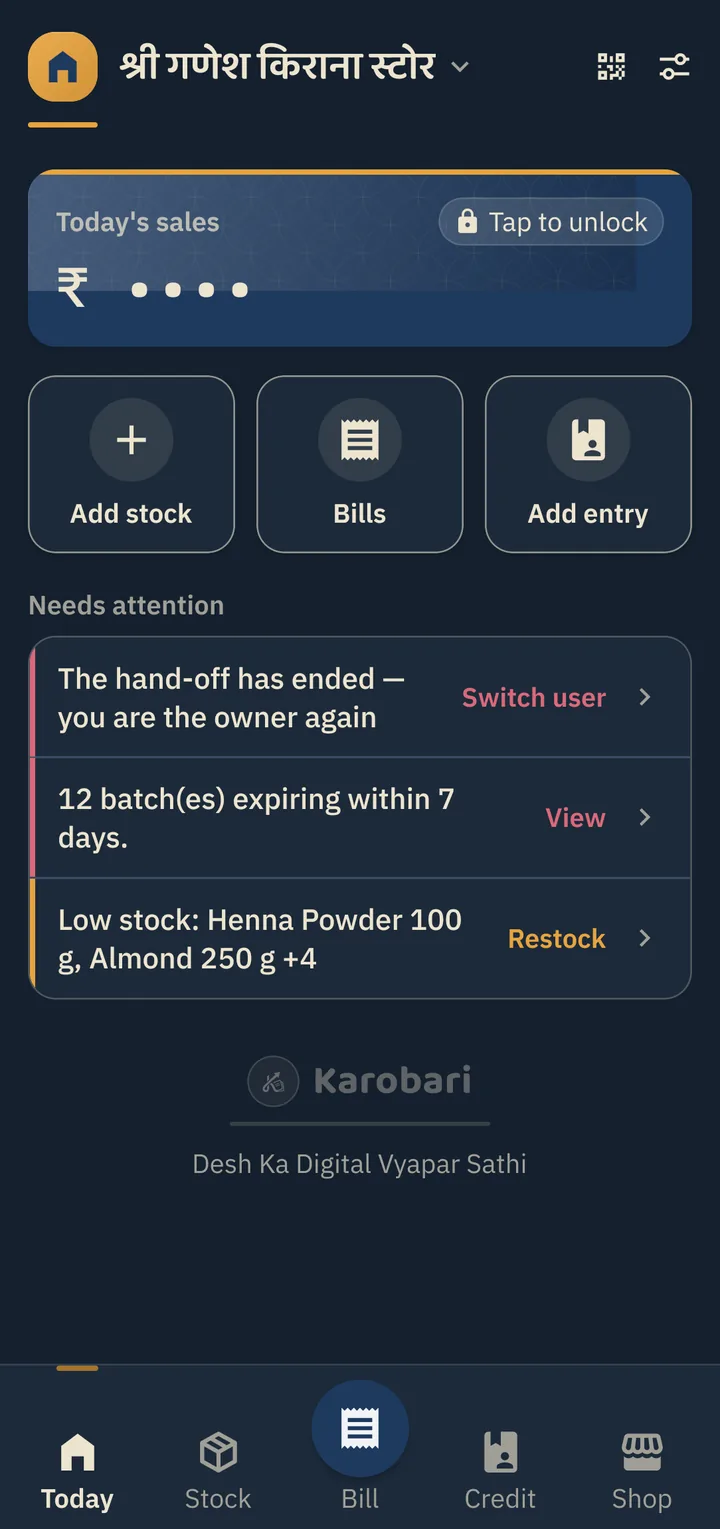 Today screen in Night Navy mode with deep OLED navy ground for late-night accounting