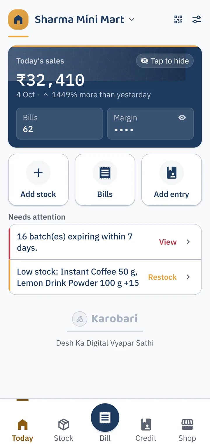 The owner Today screen with ₹32,410 total revenue visible
